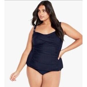 AVENUE Size 24 Black Swimsuit Soft Cup Bra Ruched V Neck Criss Cross Front 3X